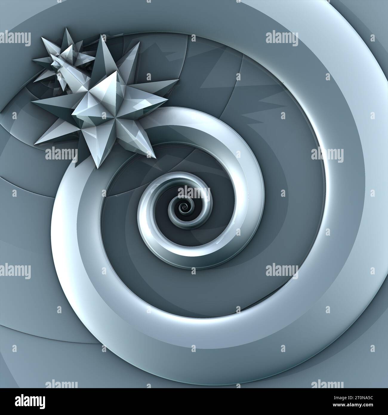 Konzentrische graue Metallspirale mit den Sternen auf grauem Hintergrund. 3D-Abbildung, 3D-Rendering Stockfoto