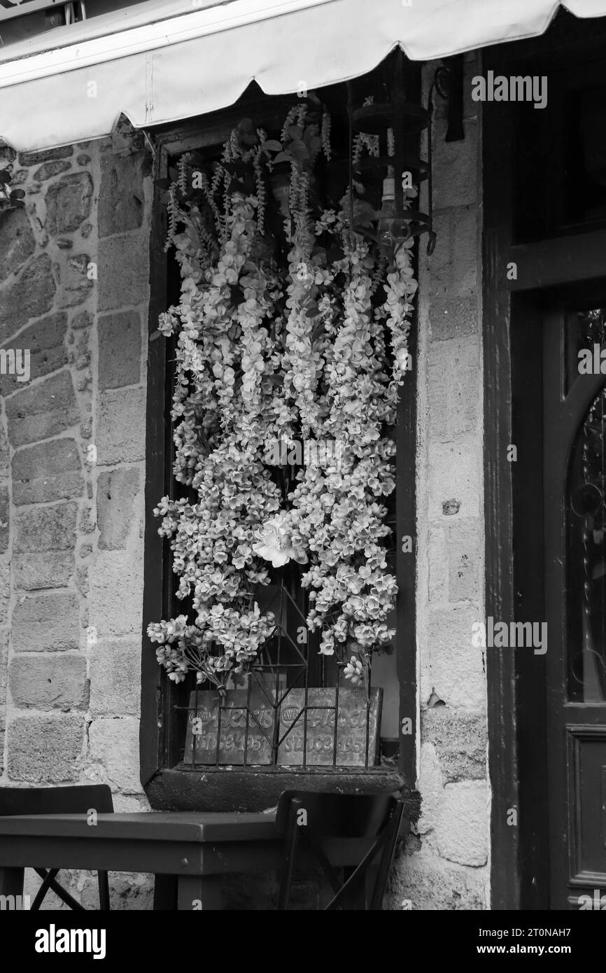 Dekoratives Fenster mit Blumen, die von der Oberseite des Fensters in Schwarz-weiß hängen Stockfoto