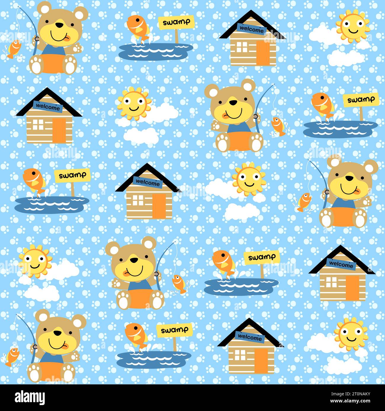 Vektor-Cartoon nahtloses Muster des niedlichen Bären Fischen mit Fischen im Sumpf, Sonne auf Wolken mit Haus auf Fußweg Hintergrund Stock Vektor