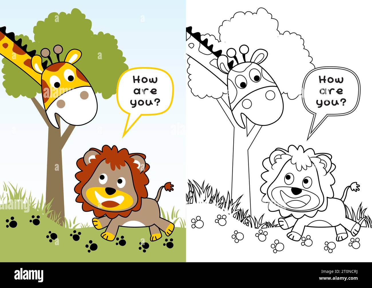 Lustige Giraffe mit Löwe im Wald, Vektor-Karikaturillustration, Malseite oder Buch Stock Vektor