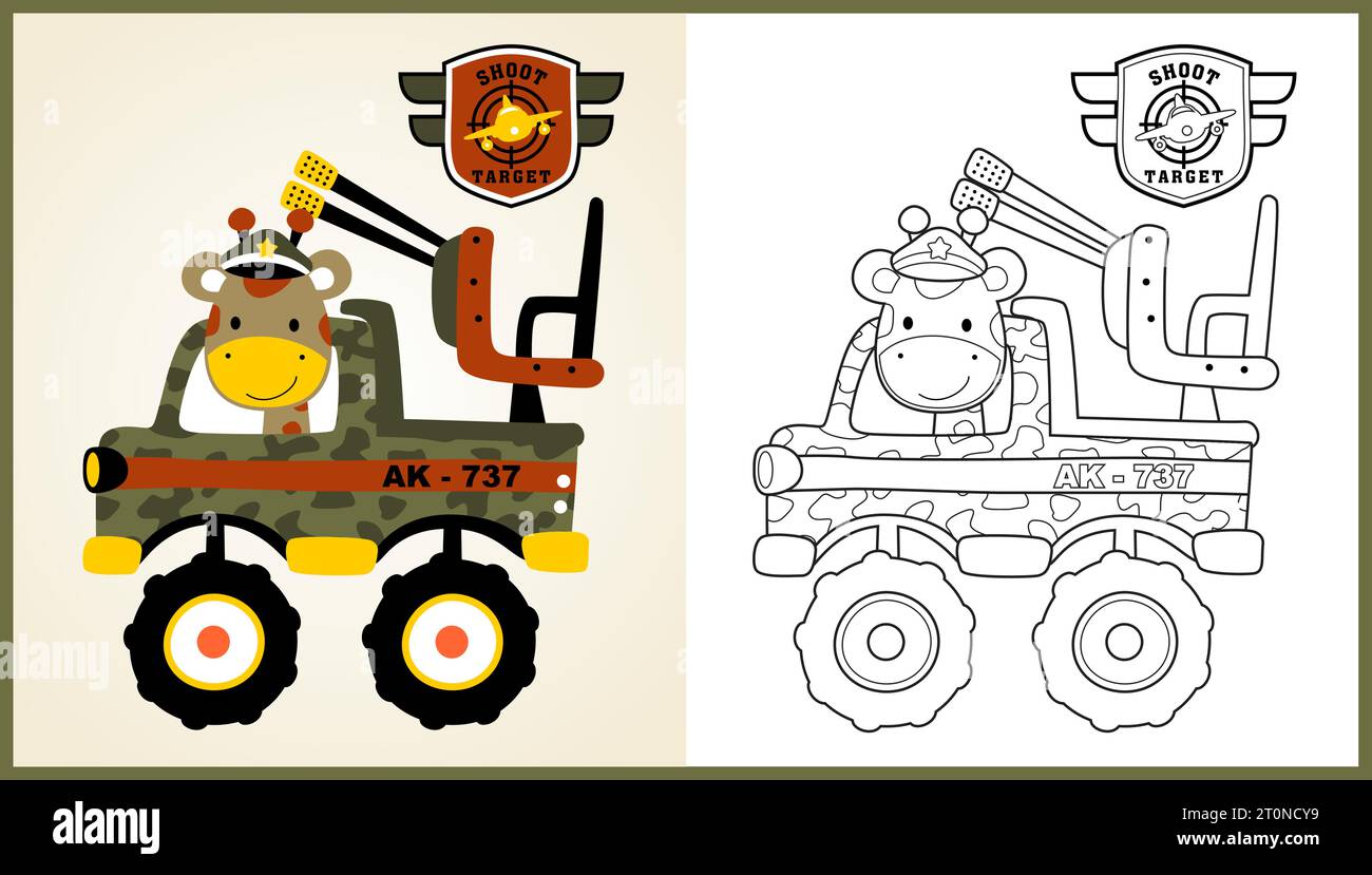 Vektor-Cartoon des lustigen Giraffen-Soldaten auf Militärwagen, Malseite oder Buch Stock Vektor