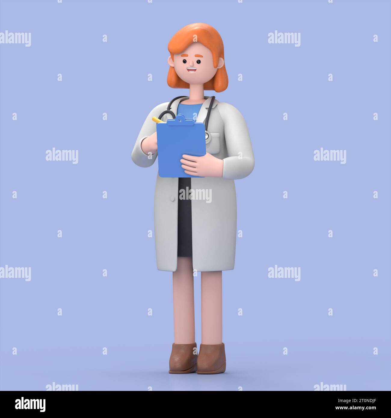 3D-Illustration der weiblichen Doktor Nova hält blaue Zwischenablage. Professioneller kaukasischer männlicher Spezialist. Medizinische Clip-Art isoliert auf blauem Hintergrund. Hosp Stockfoto
