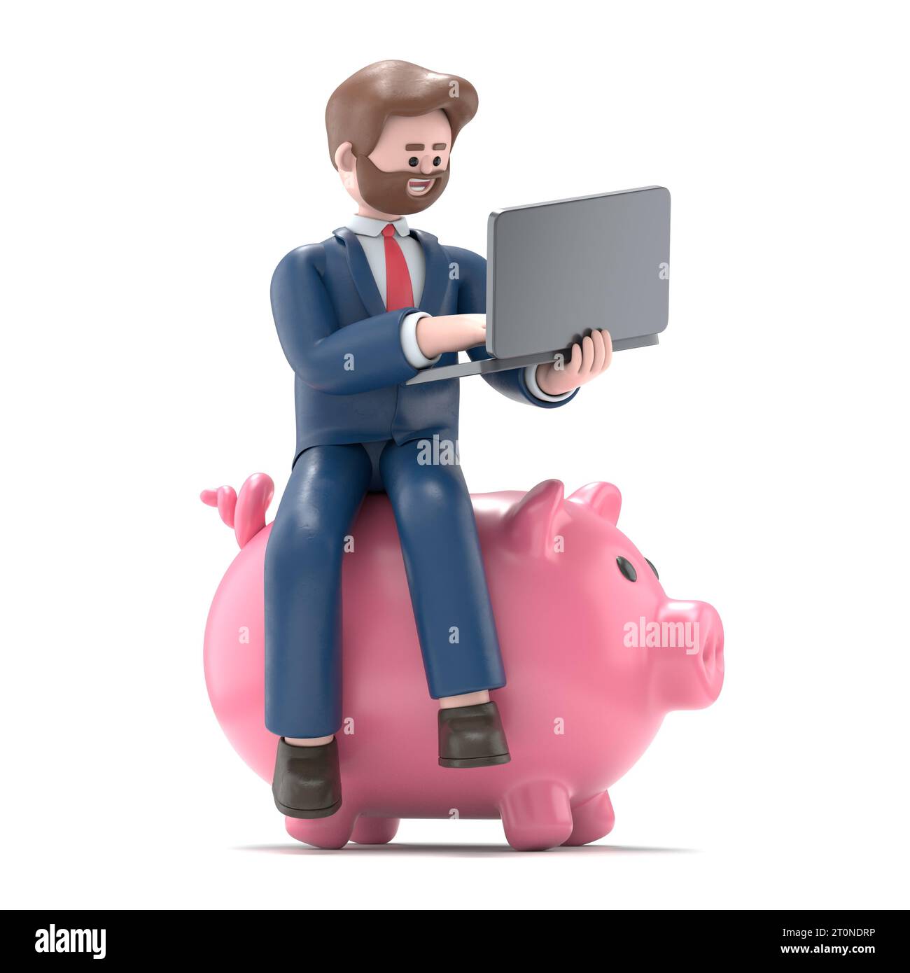 3D-Illustration des amerikanischen Geschäftsmannes Bob sitzend mit Laptop Notebook auf Piggy Bank Funds isoliert auf weißem Hintergrund 3D-Illustration. 3D-Personen c Stockfoto