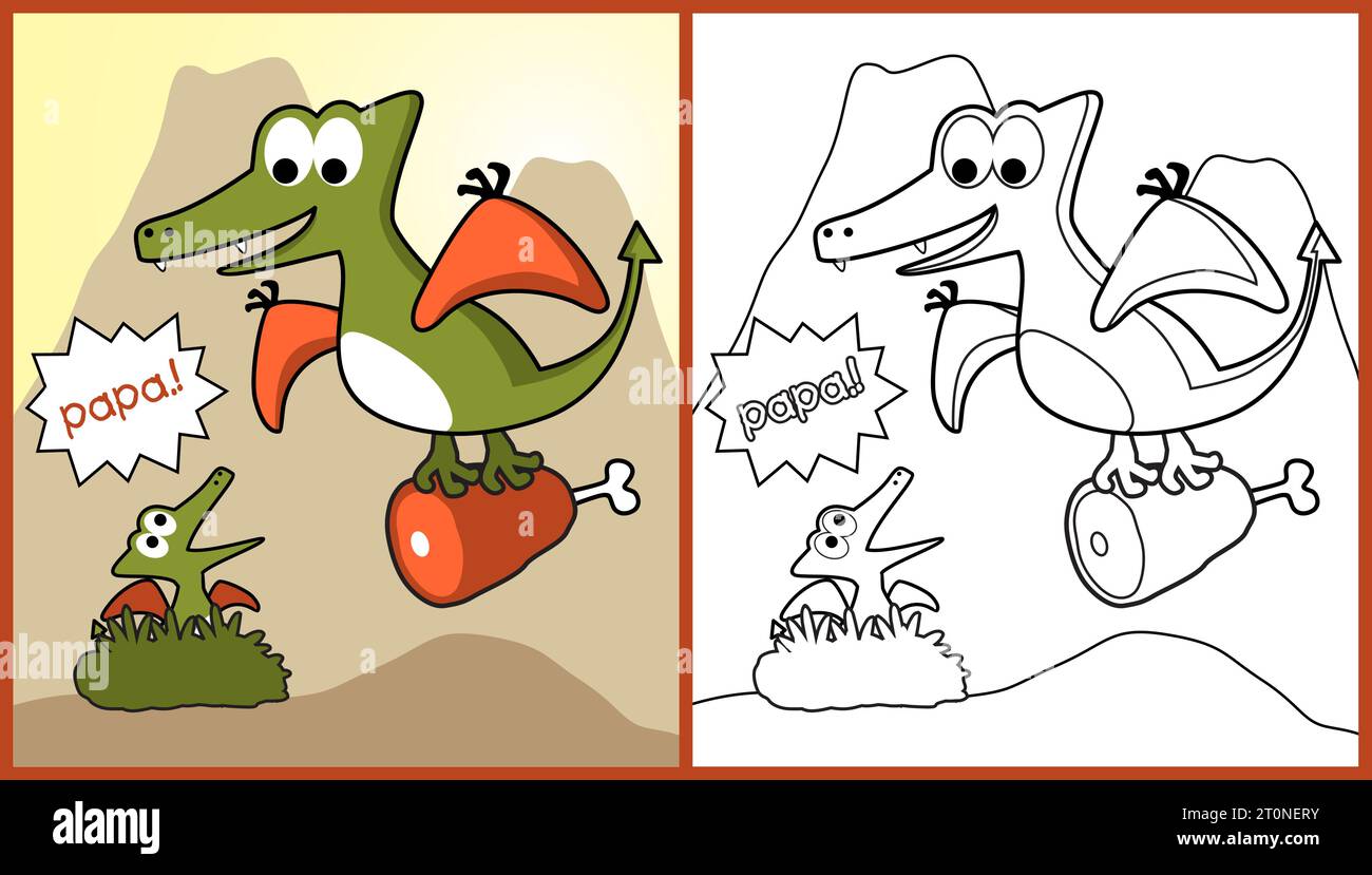 Lustiger Dinosaurier, der Fleisch für sein Junges im Nest auf Vulkanhintergrund, Vektor-Zeichentrickillustration, Malseite oder Buch trägt Stock Vektor