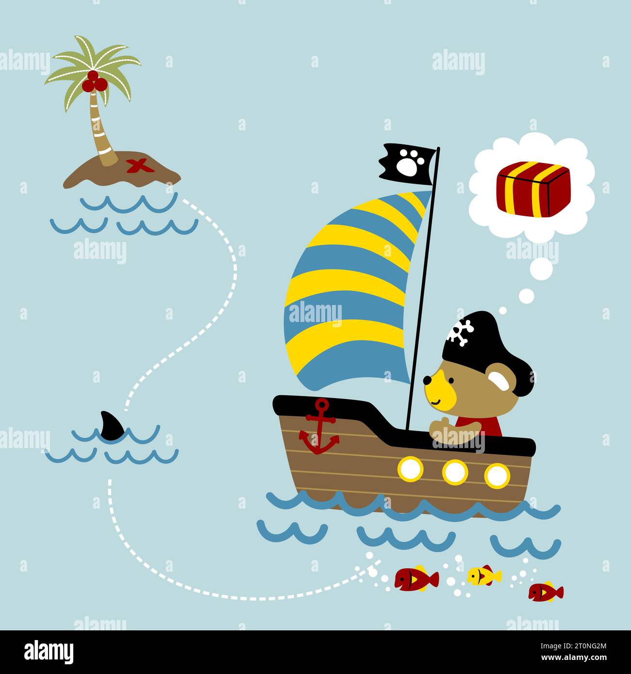 Kleiner Bär auf dem Segelboot geht zu einer kleinen Insel, Piratenelemente, Vektor-Comic-Illustration Stock Vektor