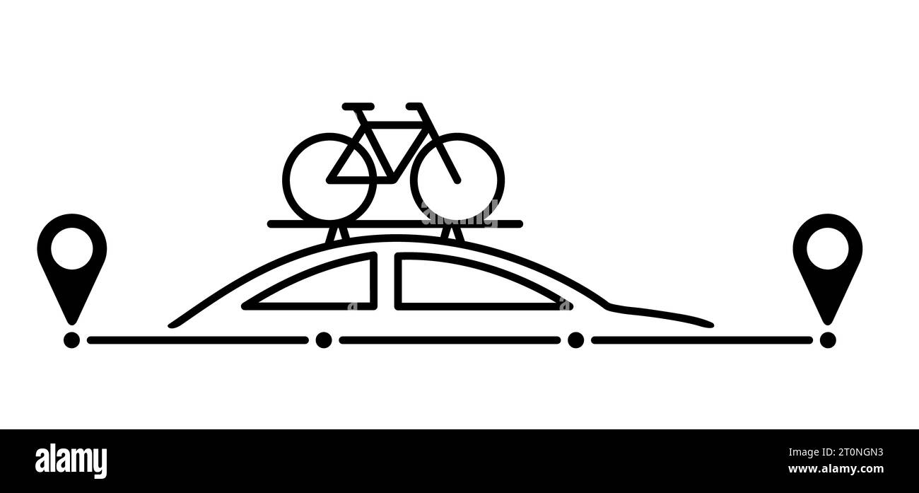 Cartoon Auto und Fahrrad. Radfahrer oder Radfahrer mit dem Auto in den Urlaub. Fahrrad auf dem Dachträger und Wegweiser. Fahrrad mit Fahrrädern Dachträger. Straße, Stiftposition Stockfoto