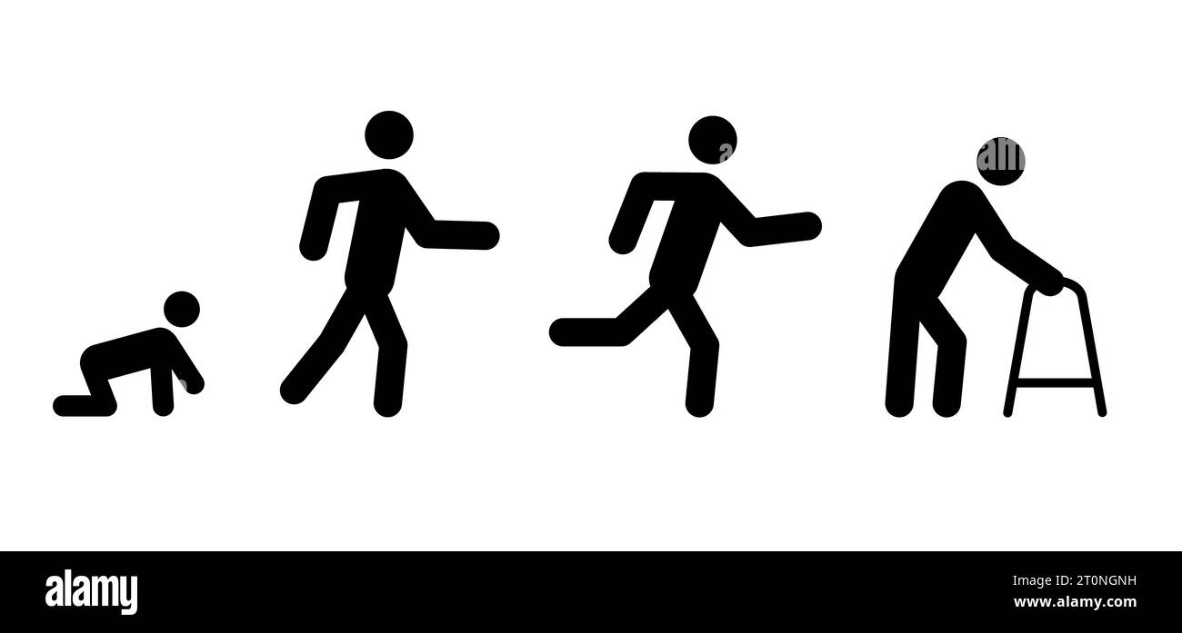 Zeichentrickfilme kriechen, laufen, rennen en alten Mann. Baby-Lauftreppe und alter Mensch. Senior, Stickman, Strichfigur-Mann-Schild. Die menschliche Evolution für die Erziehung Stockfoto