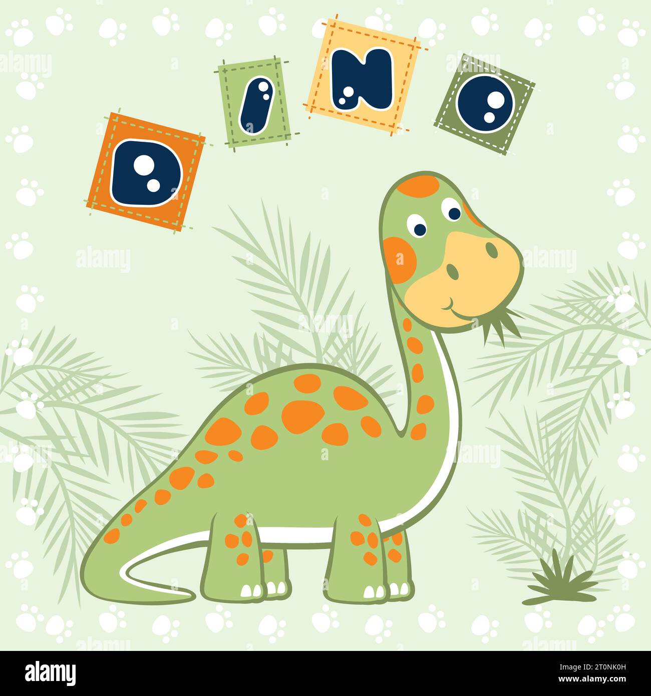 Lustiger Dinosaurier-Vektor-Cartoon, der Blätter in Fußweg-Rahmengrenze isst Stock Vektor