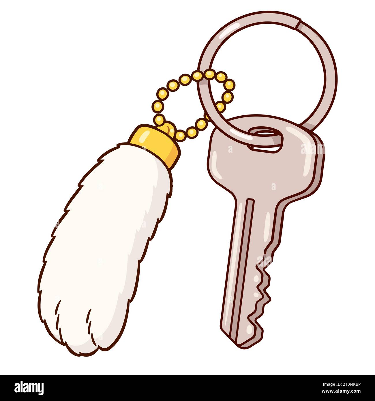 Glücklicher Kaninchenfuß am Schlüsselanhänger und Schlüsselanhänger mit Hausschlüssel. Zeichentrickzeichnung, isolierte Vektor-Clip-Kunst-Illustration. Stock Vektor