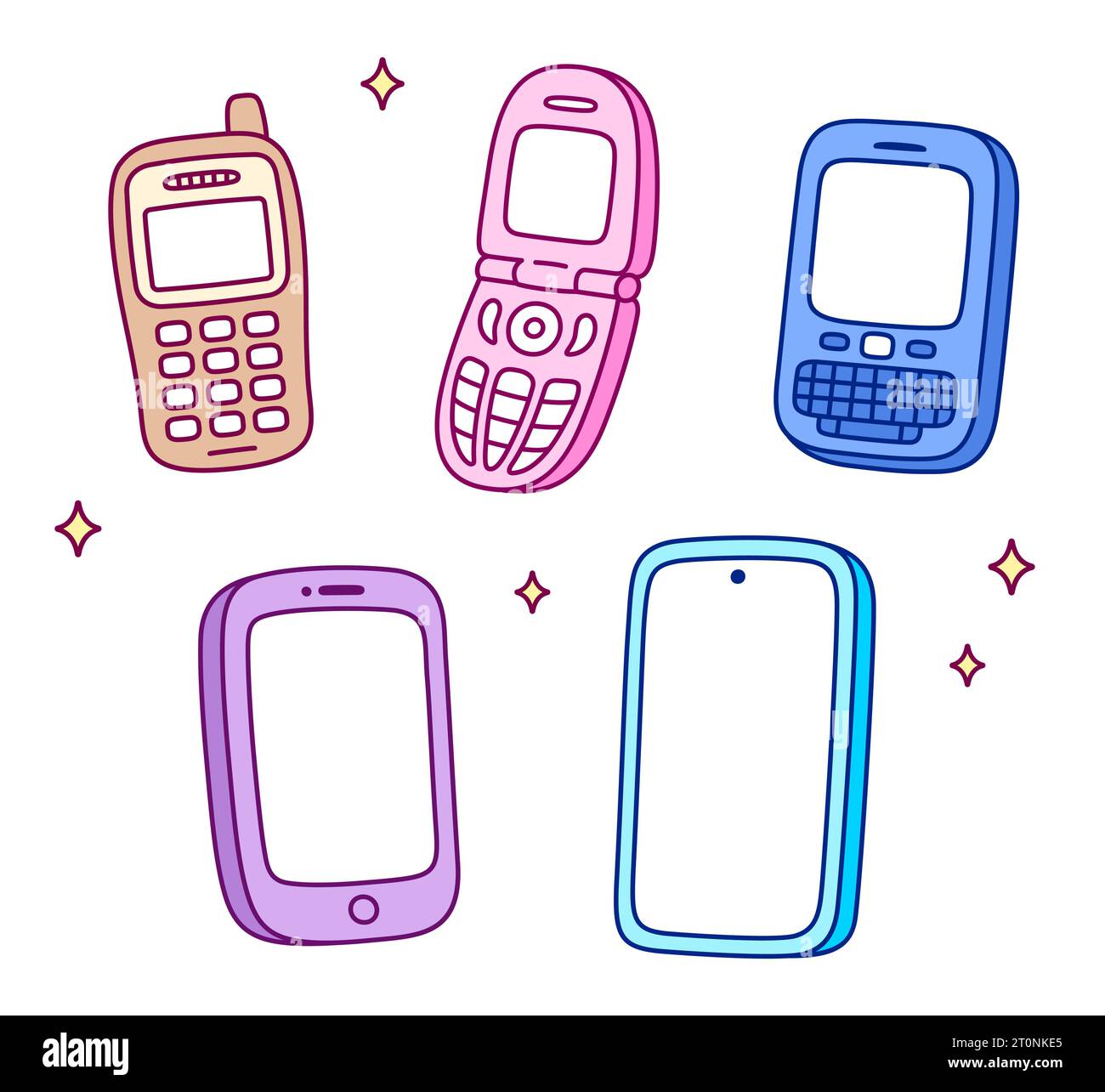 Handy Evolution, niedliches Zeichentrickset. Handgezeichnete Kritzeleien aus Retro-Handy, Flip-Phone und modernen Smartphone-Geräten. Vektorabbildung Stock Vektor