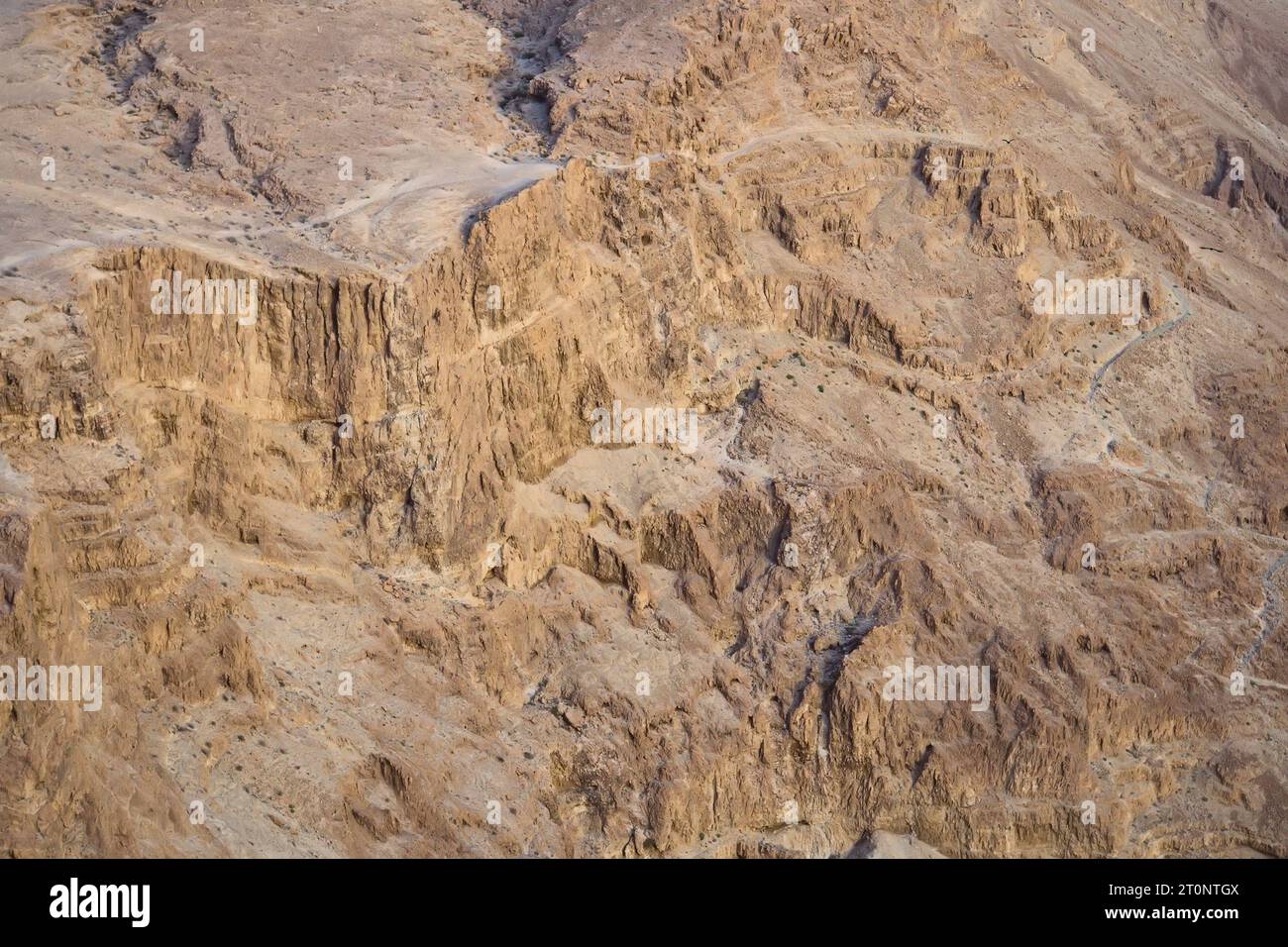 Nahaufnahme des Bodens am Felsenberg. Landfläche. Felsen der Hügel in der Wüste Judäa, Israel. Nationalpark, Ökologie. Leblose Gebiete. Ödland in Stockfoto