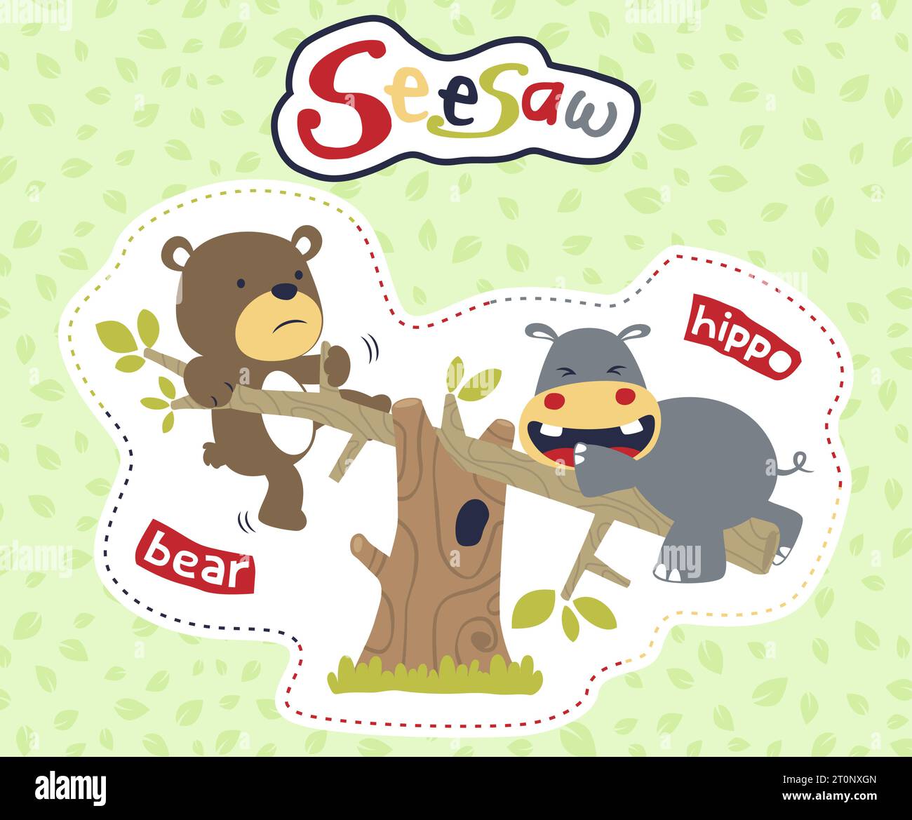 Lustiges Nilpferd und Bär spielen Wippe auf Blätter Hintergrund, Vektor-Karikaturillustration Stock Vektor