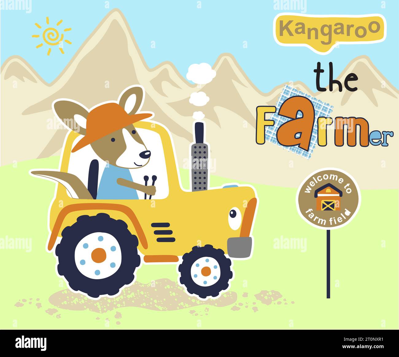 Vektor-Cartoon des lustigen Kängurus fahrenden Traktors auf Berg Hintergrund Stock Vektor