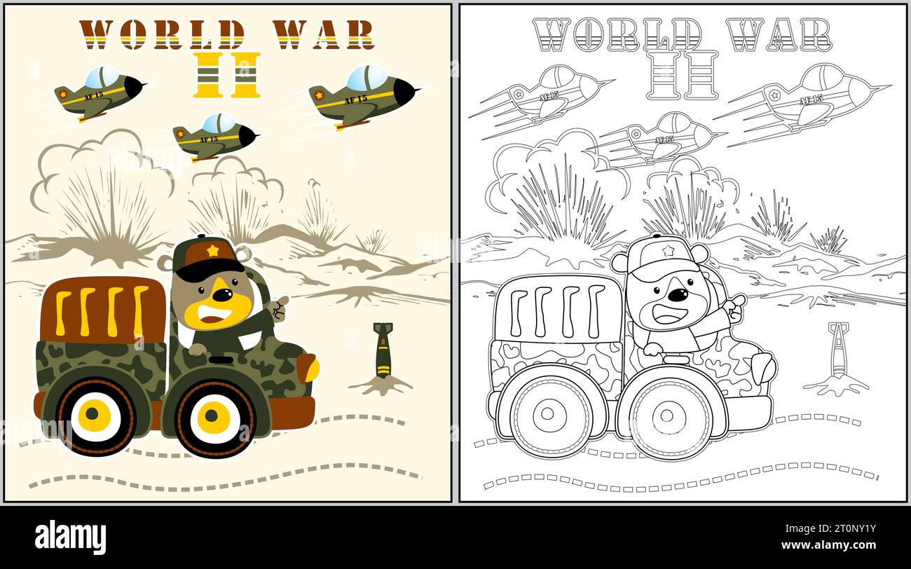 Lustiger Bär auf Militärwagen mit Kampfjet im Schlachtfeld, Malseite oder Buch, Vektor-Zeichentrickillustration Stock Vektor