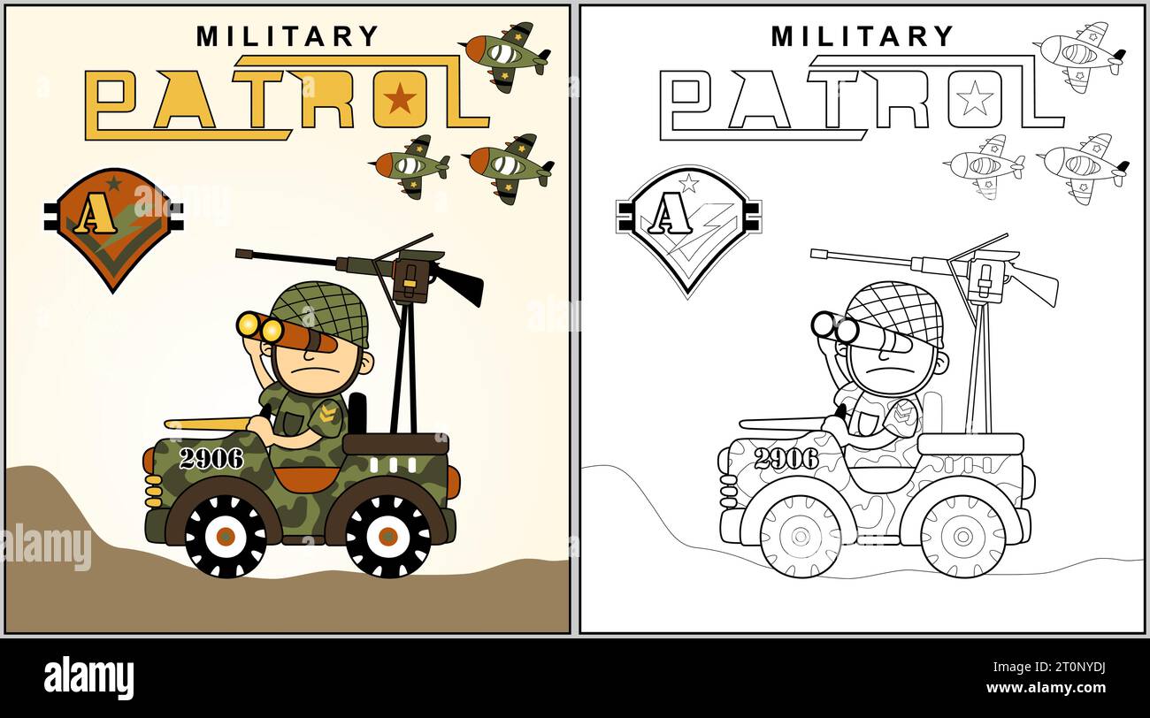 Ein Soldat, der ein gepanzertes Fahrzeug mit Kampfjet, Vektor-Zeichentrickillustration, Malbuch oder Seite fährt Stock Vektor