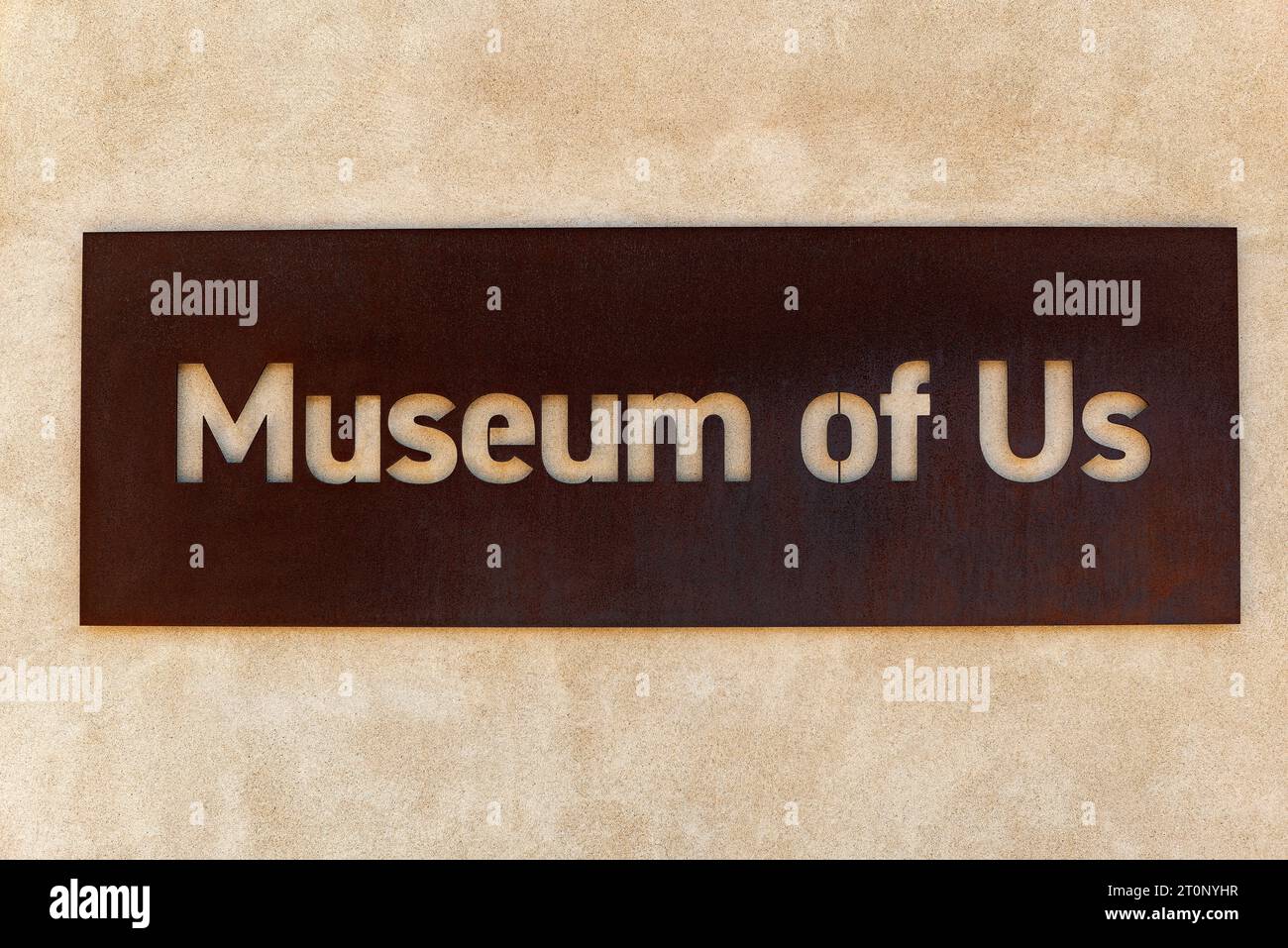 Der Markierer für das Museum of US im Balboa Park; offiziell bekannt als Museum of man. Stockfoto
