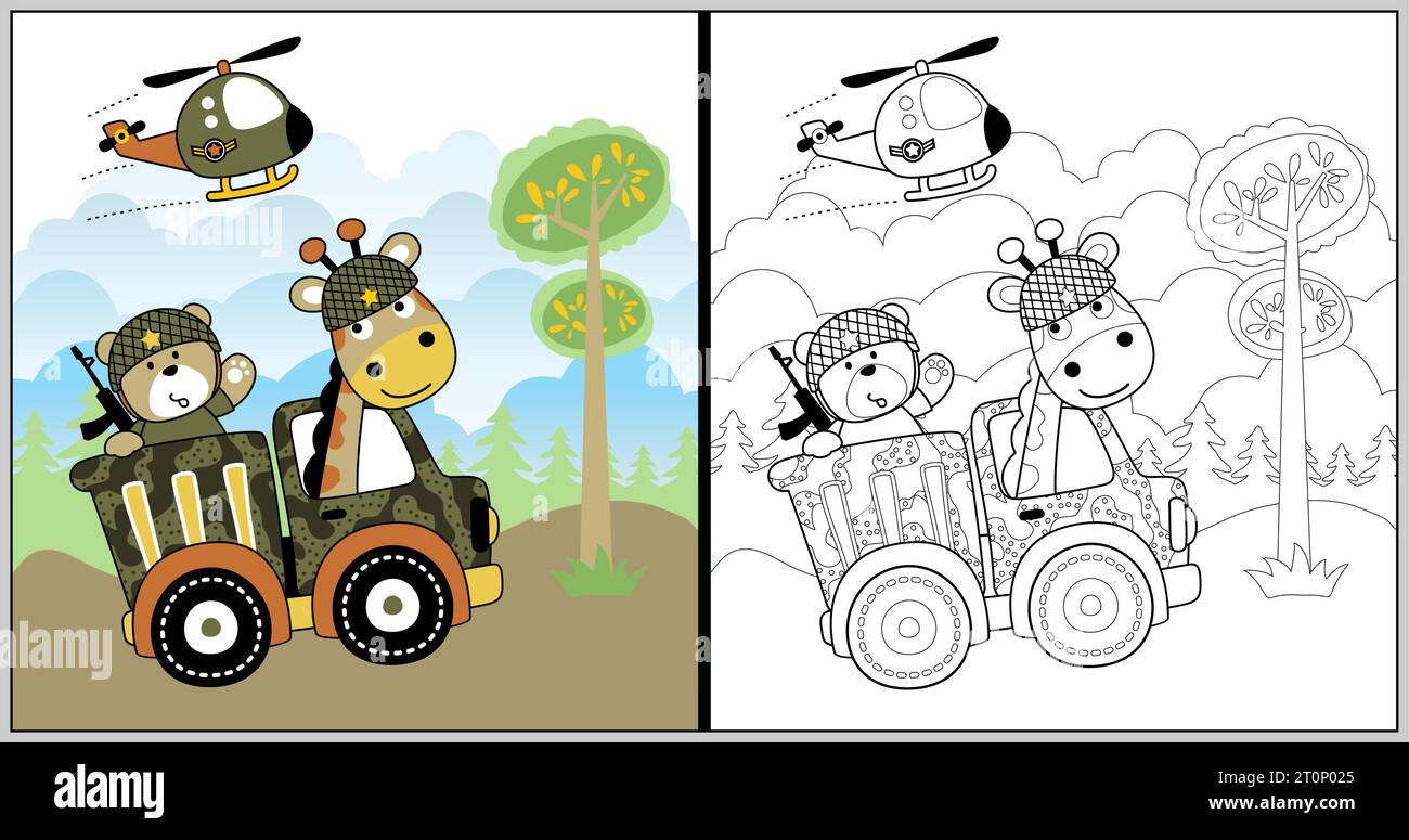 Vektor-Cartoon der lustigen Giraffe mit Bär auf LKW, Hubschrauber fliegt durch Wald, Malbuch oder Seite Stock Vektor