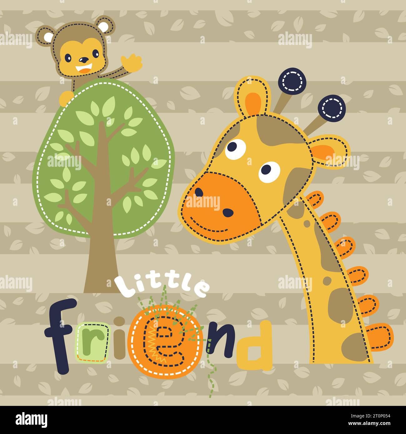 Vektor-Cartoon der lustigen Giraffe mit Affe auf gestreiftem Hintergrund Stock Vektor