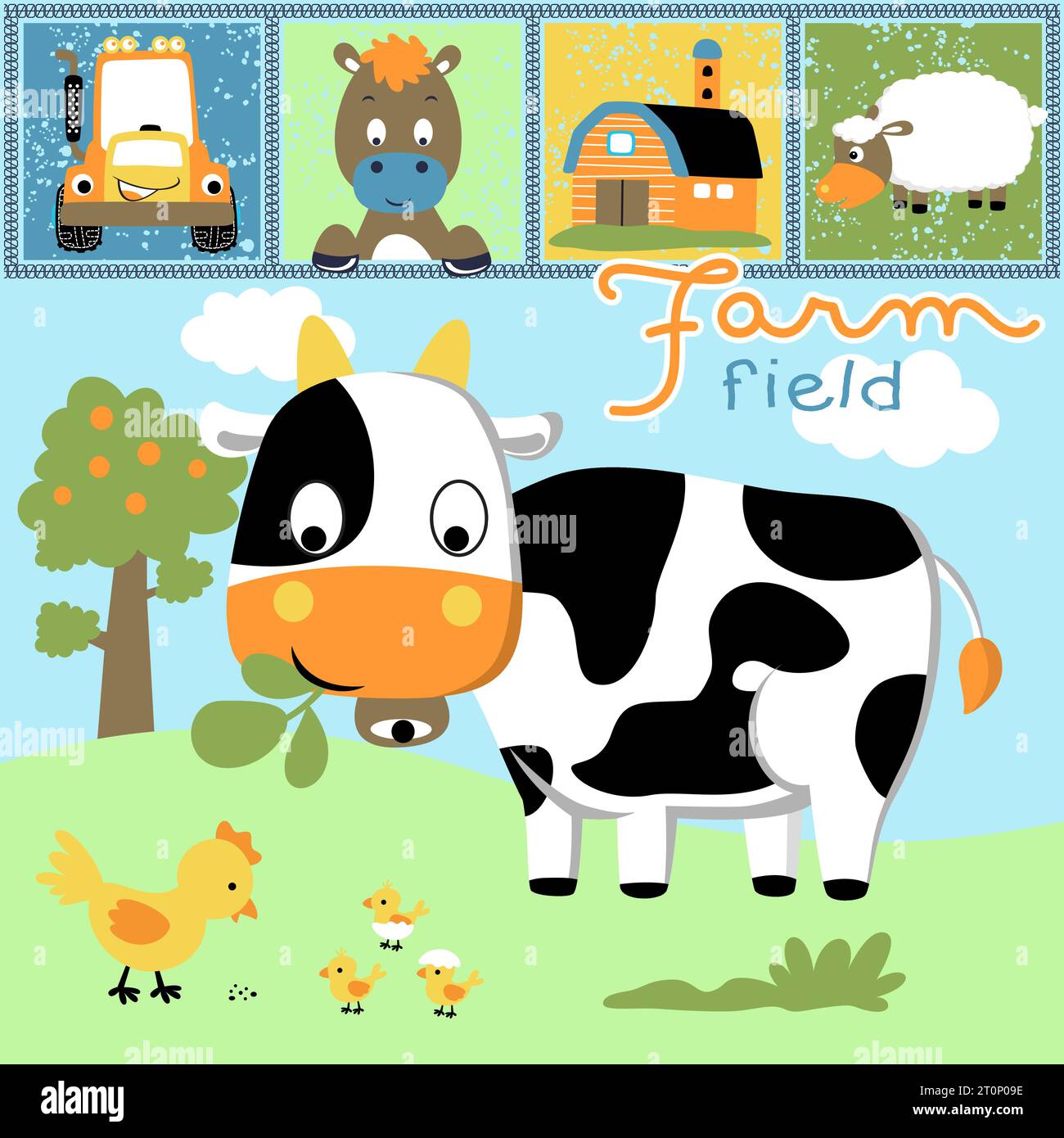 Vektor-Illustration von lustigen Bauernhoftieren Cartoon mit landwirtschaftlichen Elementen Stock Vektor