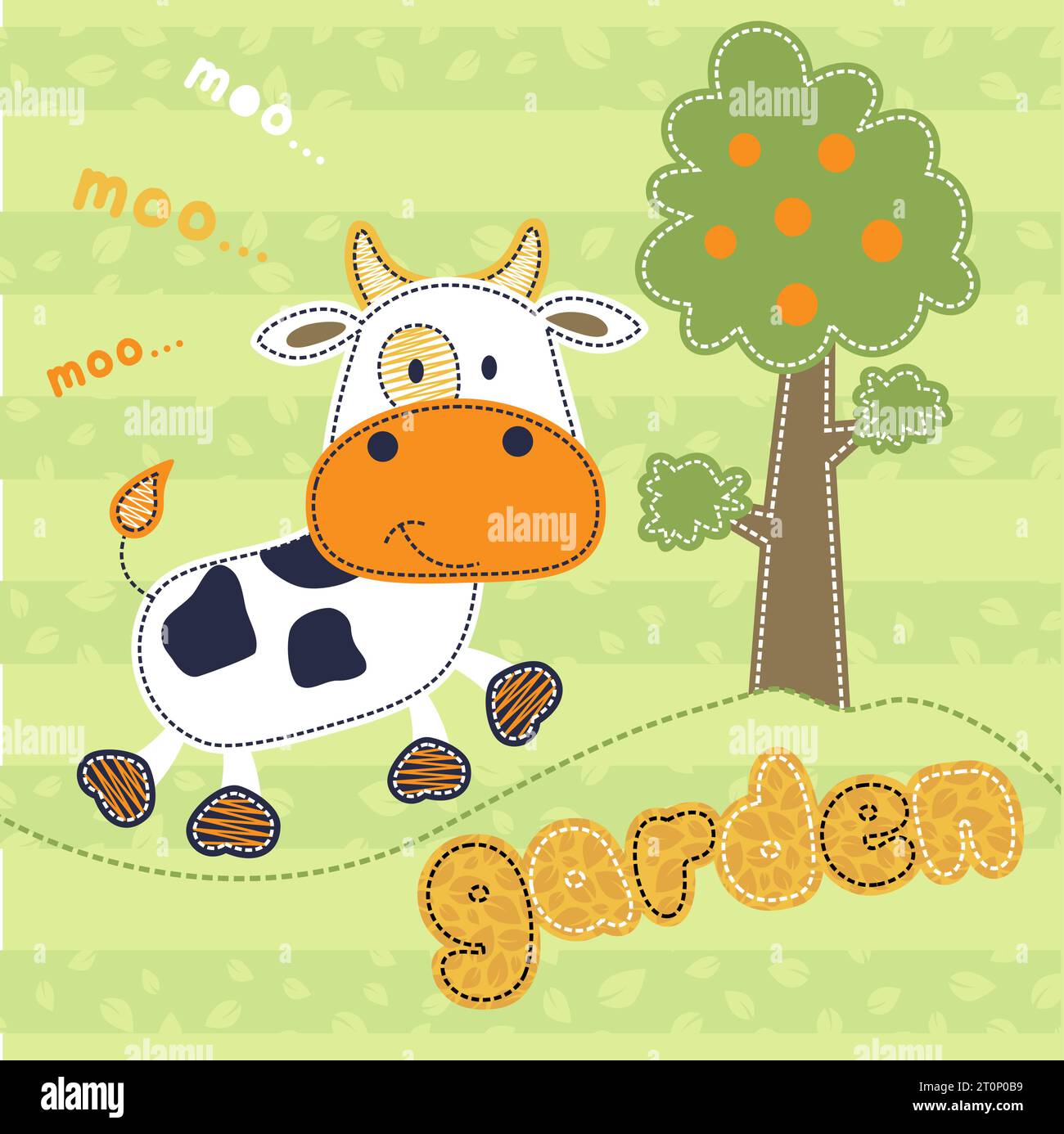 Glückliche Kuh mit einem Obstbaum auf gestreiftem Hintergrund, Vektor-Cartoon Stock Vektor