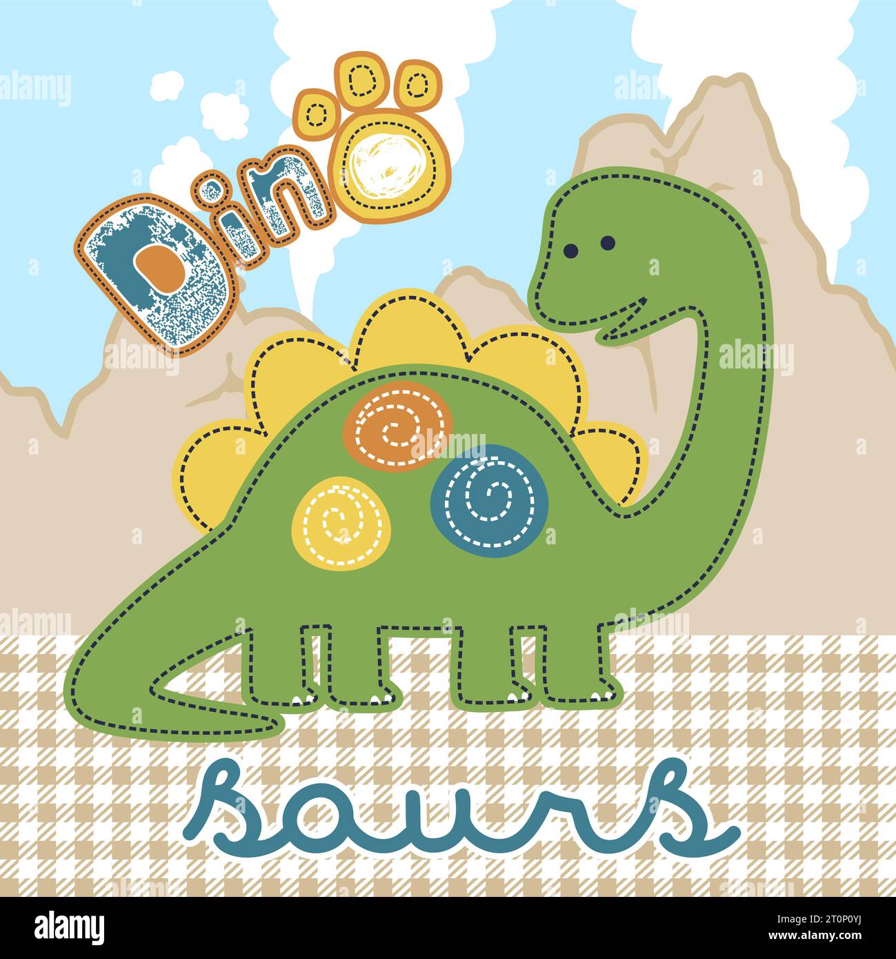 Lustiger Dinosaurier-Karikaturvektor auf Vulkanhintergrund Stock Vektor