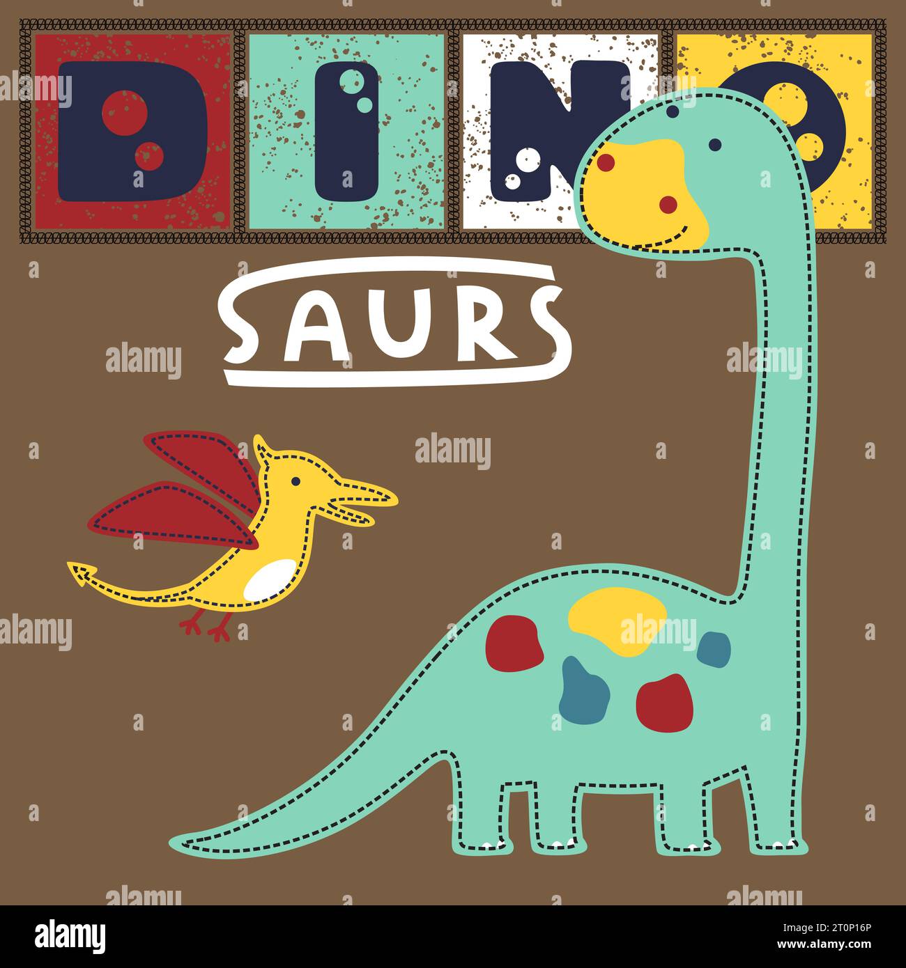 Vektor-Illustration des lustigen bunten Dinosaurier-Zeichentrickfilms, Brontosaurus mit Pterodactyl Stock Vektor
