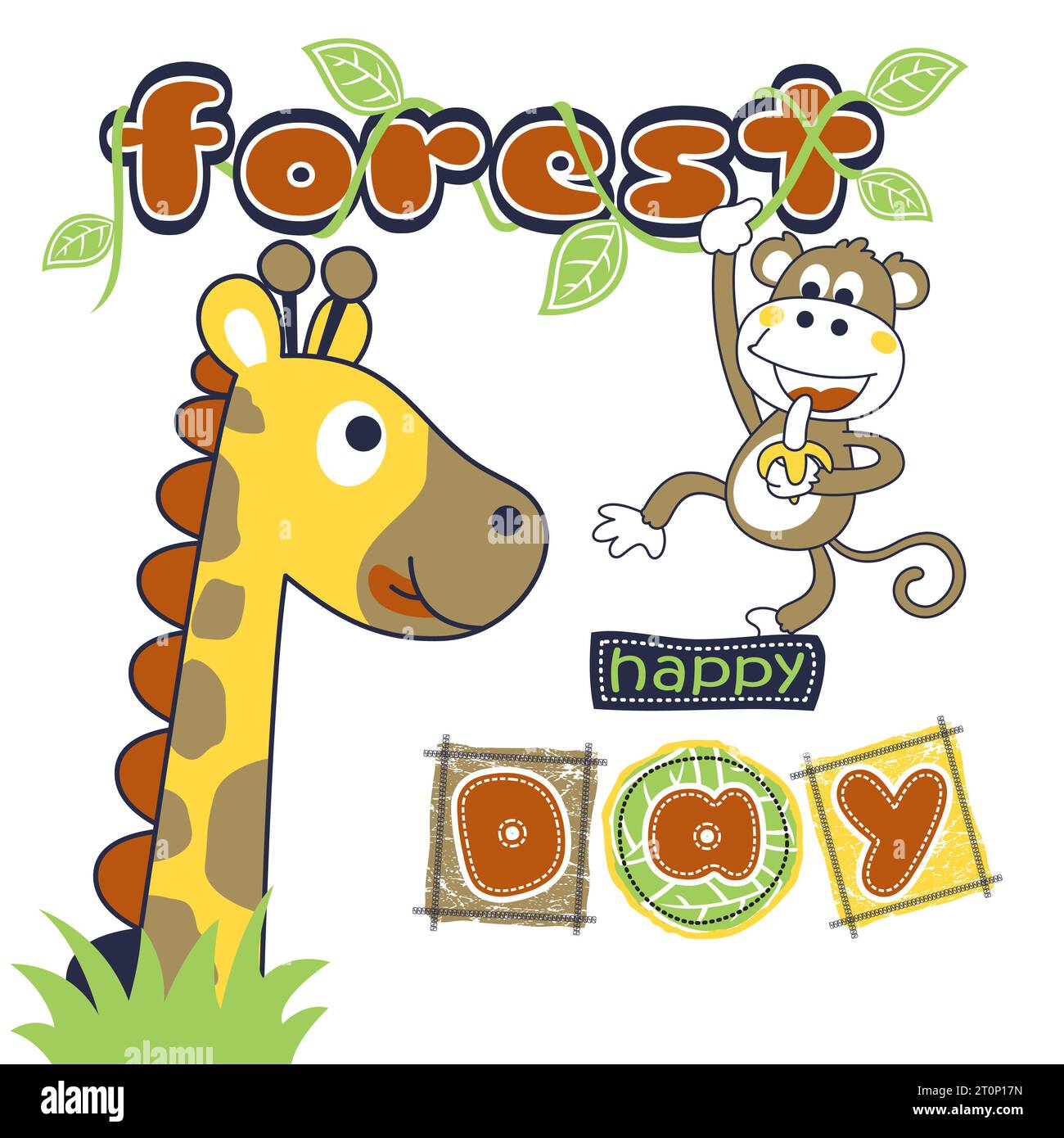 Lustige Giraffe mit Affe im Wald, Vektor-Karikaturillustration Stock Vektor