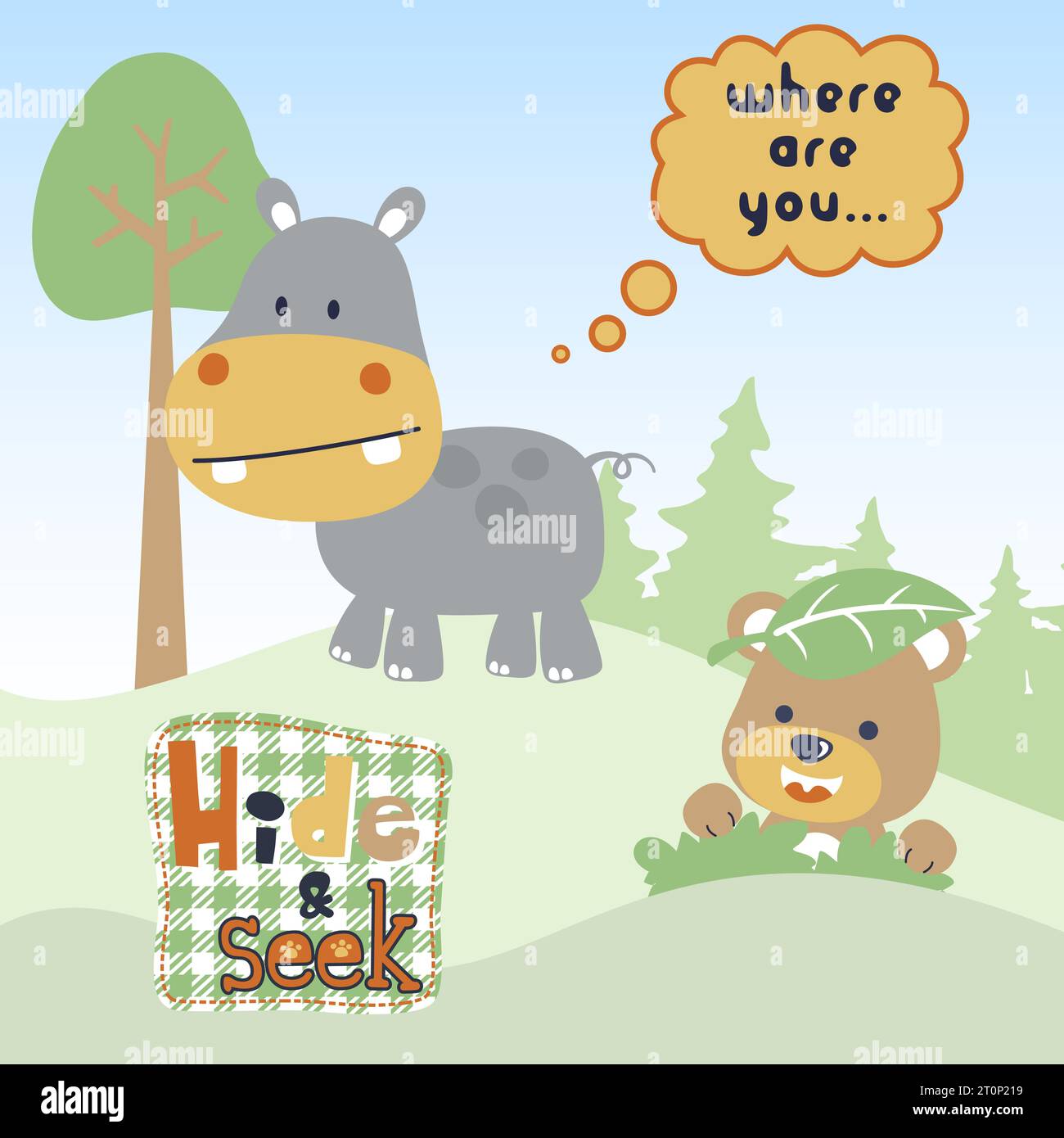 Lustiger Zeichentrick von Nilpferden und Bären, die im Dschungel Verstecken spielen Stock Vektor