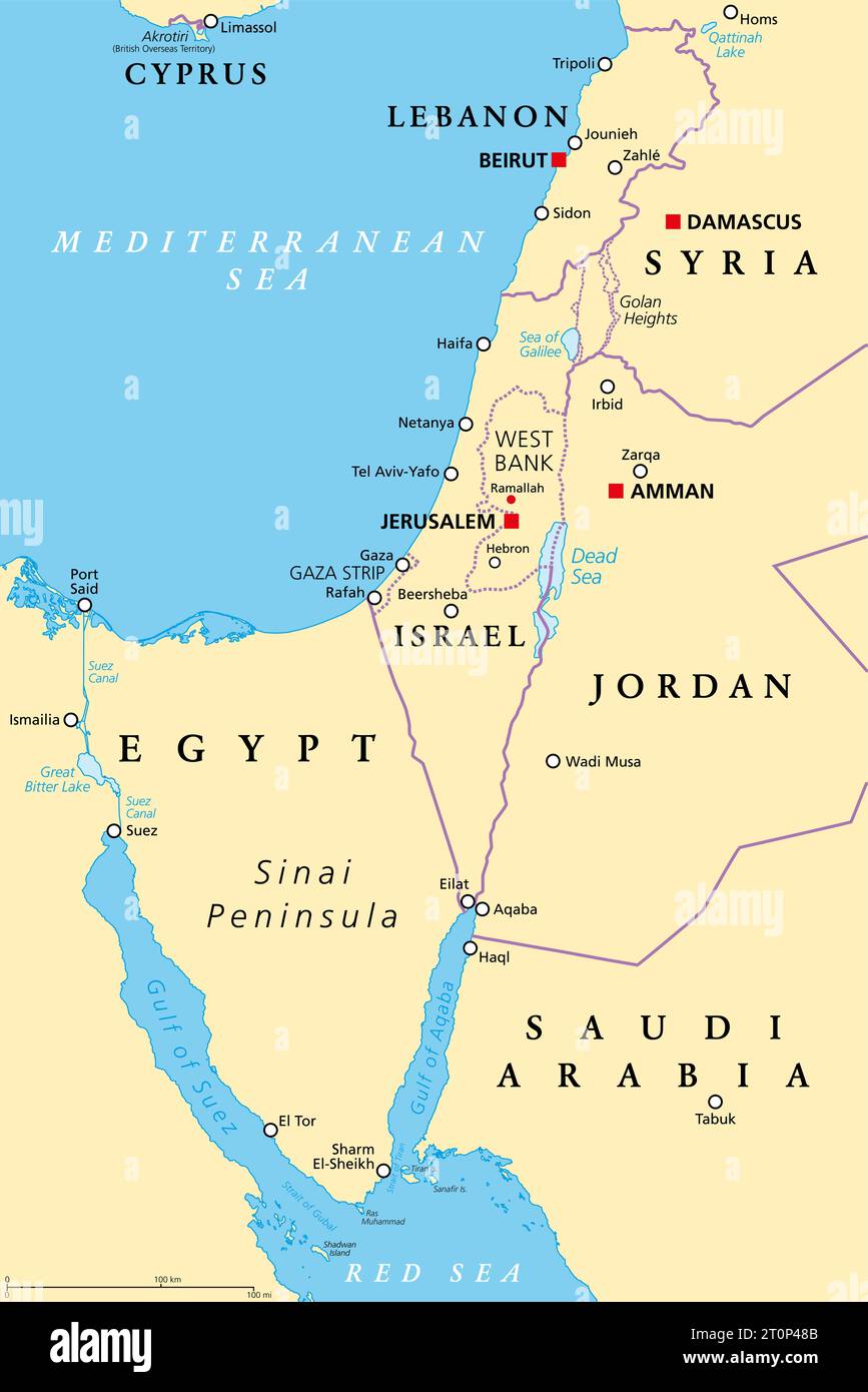 Die Südlevante, geografisch und historisch, einschließlich Israel, Palästina, Jordanien, Libanon, Südsyrien und Sinai-Halbinsel. Stockfoto