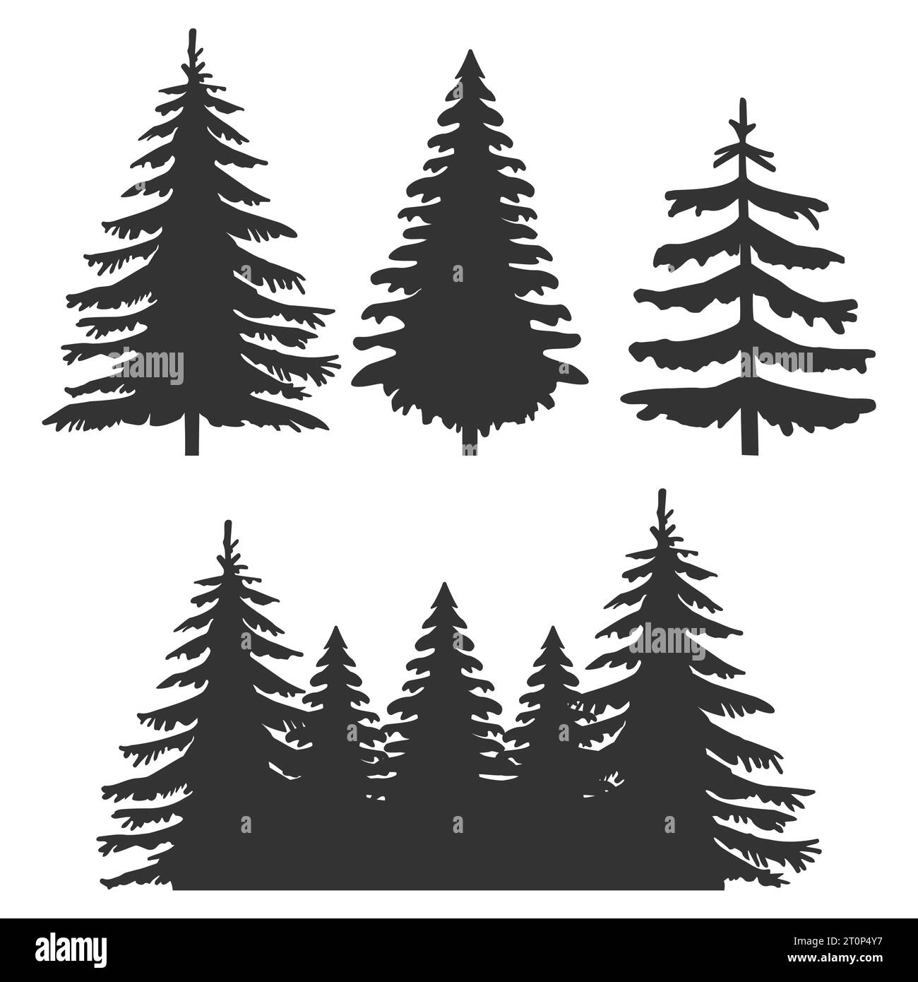 Pinien- und Waldsilhouetten. Vektorabbildung. Für Camping-Abenteuer und Weihnachten Logo, Abzeichen, Aufkleber mit Waldbäumen Stock Vektor