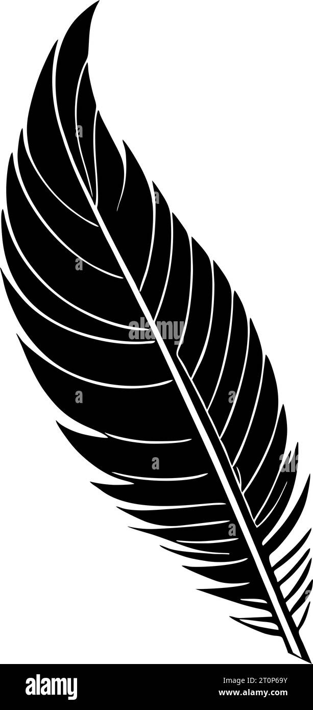Schwarze grafische Konturzeichnung, Vogelfeder, Logo, Design Stockfoto