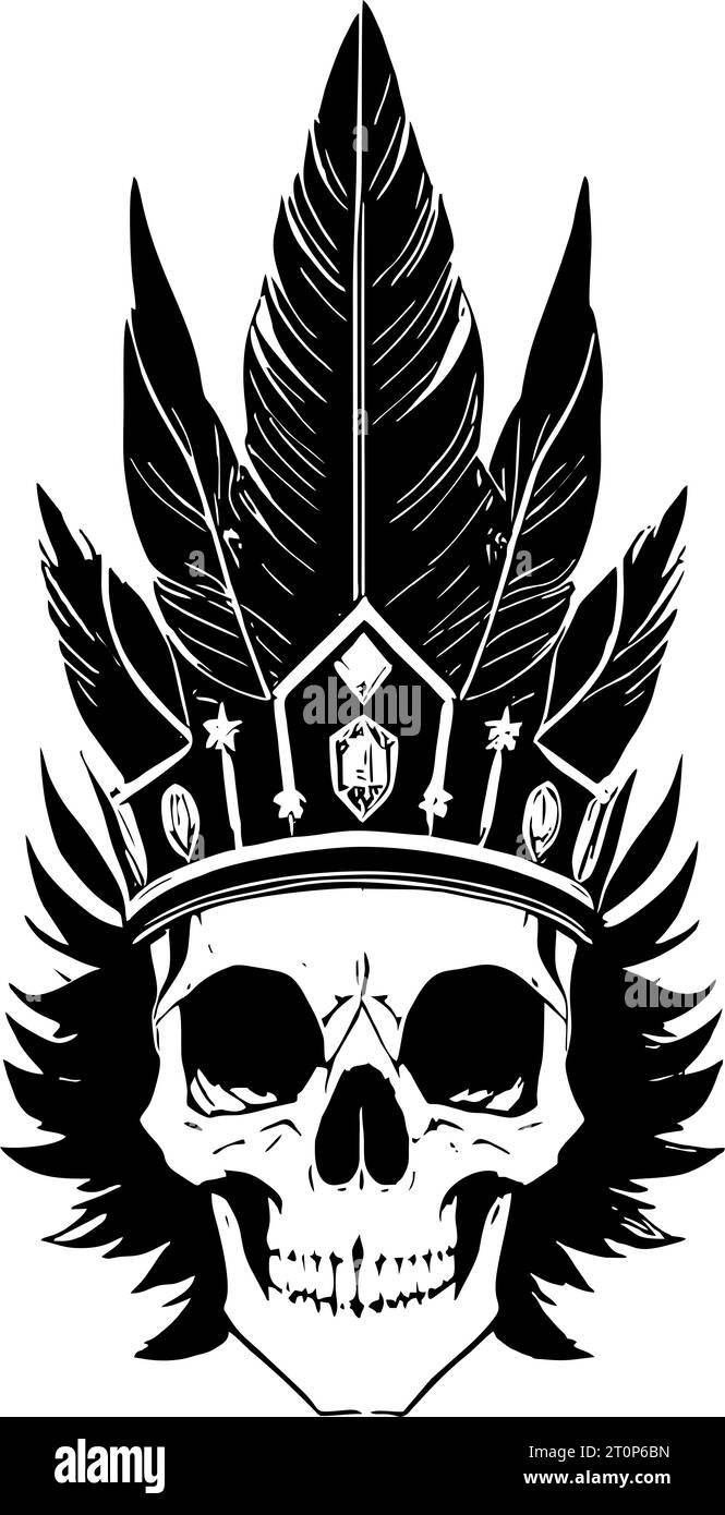 Schwarze grafische Zeichnung eines menschlichen Schädels auf felmfarbenem Hintergrund, isoliertes Element, Logo, Tattoo Stockfoto