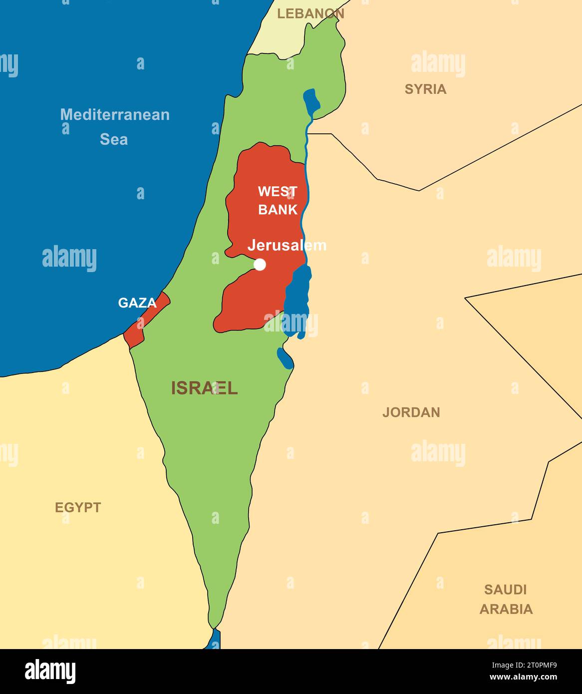 Israel auf Umrisskarte, Naher Osten mit Ägypten, Syrien, Libanon, Jordanien und Saudi-Arabien. Israelische und palästinensische Gebiete, Gaza und Westjordanland. Design Stockfoto