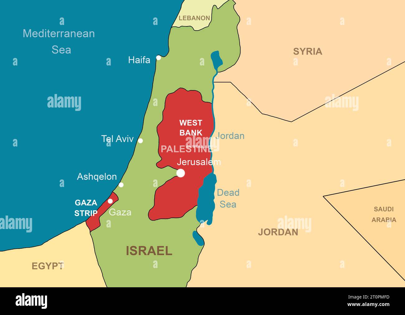 Israel und Palästina im Nahen Osten auf der Konturkarte. Palästinensische Gebiete im Gazastreifen und im Westjordanland. Jerusalem und Jordan auf Umrisskarte. Thema von Stockfoto