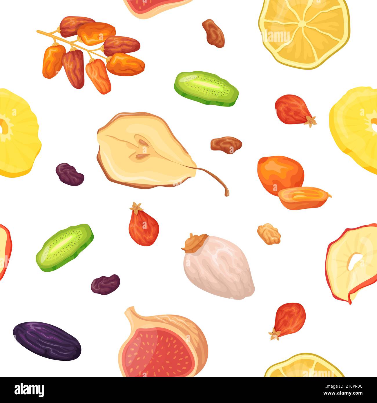 Muster getrockneter Früchte. Nahtlose Textur von verschiedenen trockenen Früchten und Nüssen, Datum Rosinen Aprikose Zitrone Pflaume Ananas Mango Erdnuss Traube Cartoon Lebensmittel Hintergrund Vektor Illustration der nahtlosen Textur Lebensmittel Stock Vektor