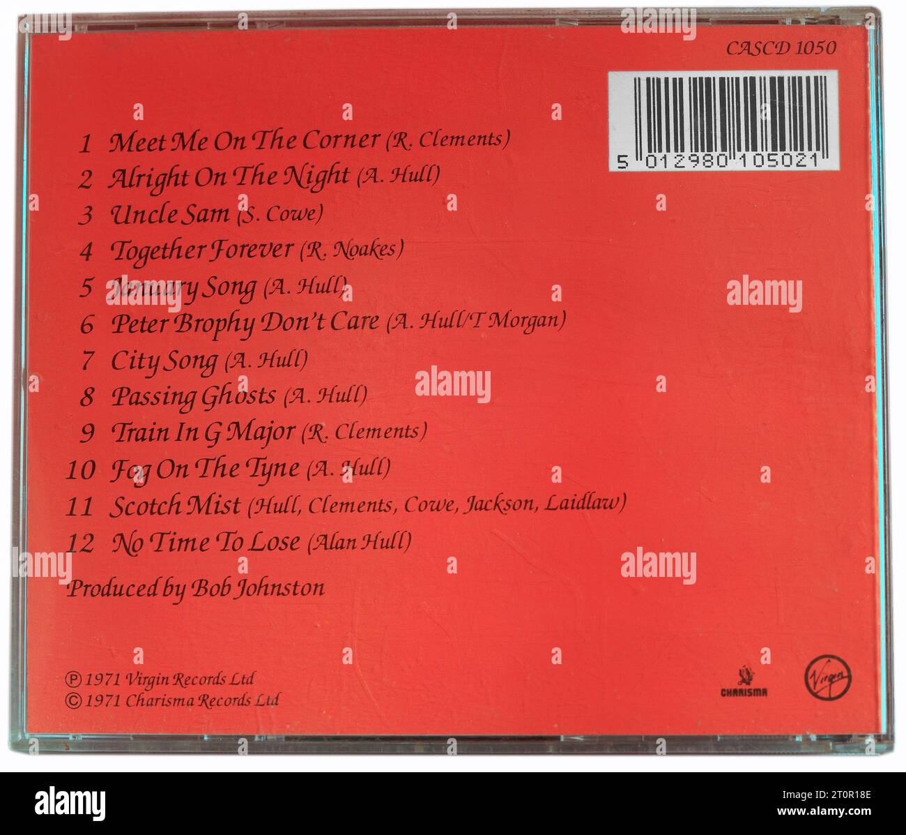 Titelliste für Lindisfarne Album - Fog on the Tyne, Rückseite der CD-Hülle auf hellem Hintergrund Stockfoto