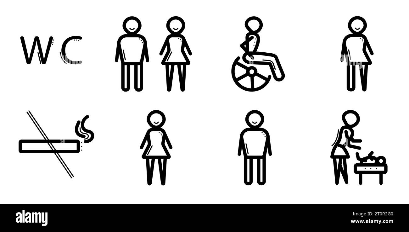 Kreative schwarze Linie für wc und Toilette im Vektorformat, ungewöhnliche Symbole für Toiletten, originelle Badschilder Stock Vektor