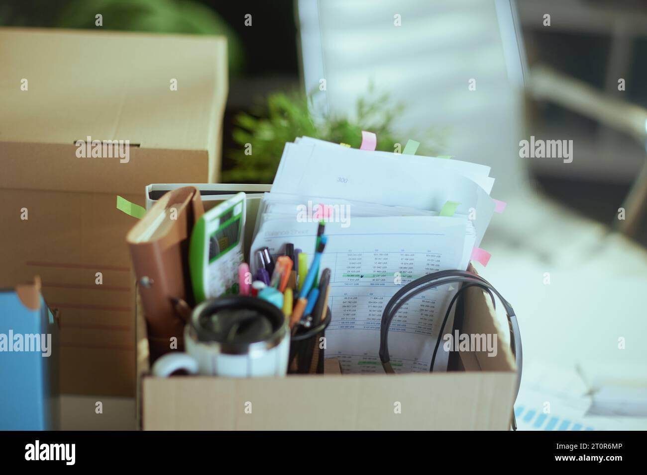 Neuer Job. Nahaufnahme auf dem Tisch im modernen grünen Büro mit persönlichen Sachen in Pappschachtel. Stockfoto