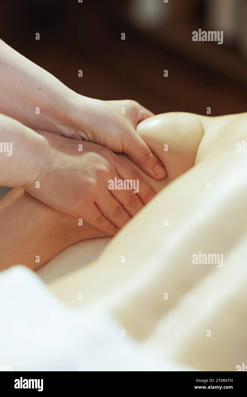 Gesundheitszeit. Nahaufnahme eines Massagetherapeuten im Spa-Salon, der Klienten Arm massiert. Stockfoto