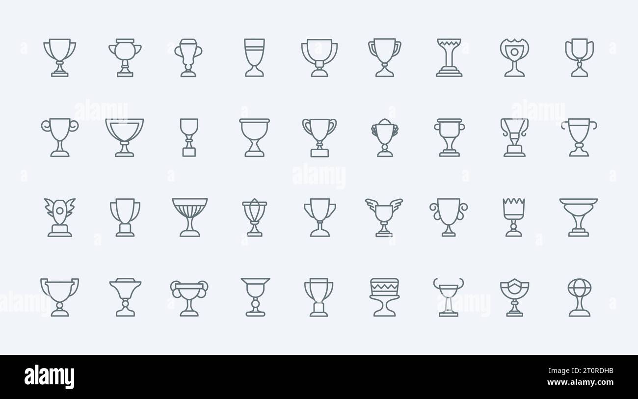 Trophäenbecher, Prämienlinien-Symbole setzen Vektorillustration. Abstrakte, dünne Umrisse der Trophäen-Symbole, Belohnung für Sportmeister und Sieger in der Meisterschaft, Becherpreis für das Fußballteam Stock Vektor
