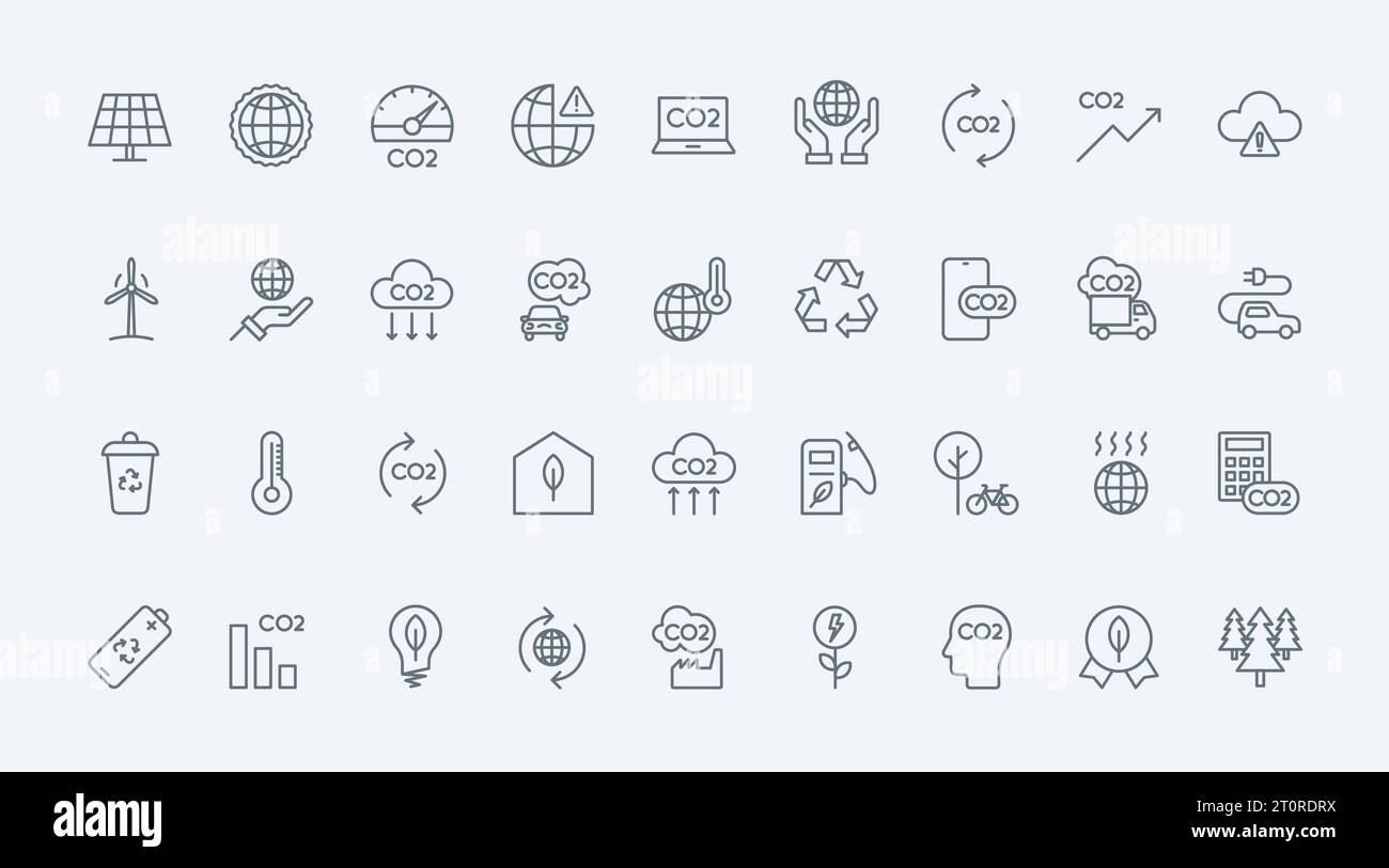Die Symbole für dünne Linien für CO2-Emissionen setzen die Vektordarstellung. Darstellung von CO2-neutralen Symbolen und Null-Symbolen, Verringerung der Treibhausgasemissionen und der Umweltverschmutzung durch umweltfreundliche nachhaltige Energie, Industrie Stock Vektor