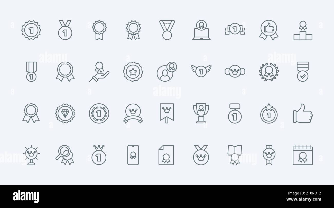 Medaillen für Gewinner Linien Symbole setzen Vektor-Illustration. Abstrakte, dünne Prämiensymbole für erstklassige Produktqualität, Erfolg und Wettbewerb oder Wettbewerb, klassische Preismedaillons Stock Vektor