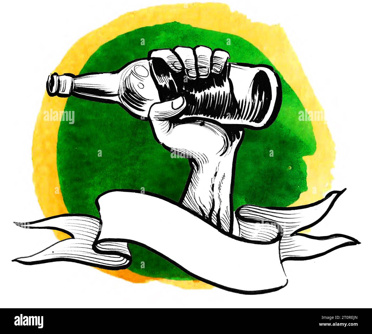 Hand hält eine Bierflasche und ein leeres Banner. Handgezeichnete Tinte und Aquarellskizze Stockfoto