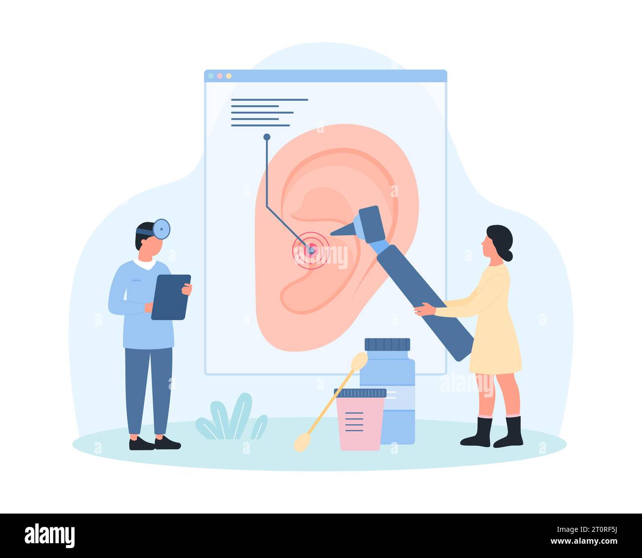 Gesundheit des Ohres, Audiologie, Hals-Ohren-Vektorillustration. Karikatur winzige Hals-Ohren-Ärzte überprüfen das menschliche Ohr mit Otoskop-Ausrüstung auf medizinische Untersuchung, Audiologen testen auf Hörprobleme Stock Vektor