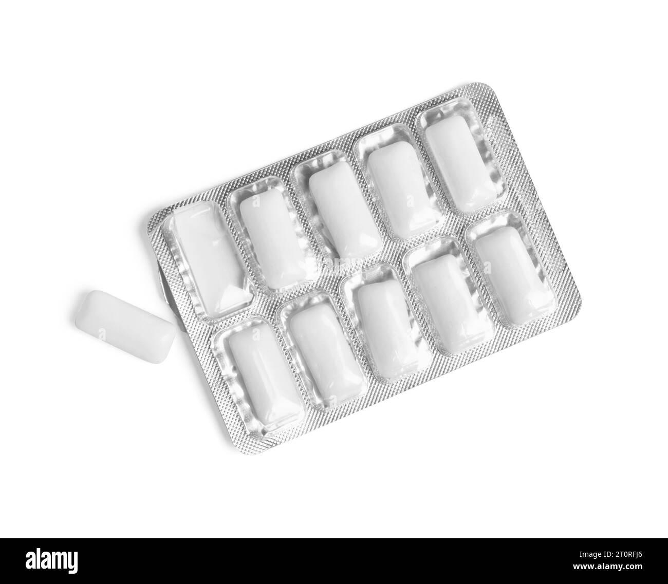 Blister mit Kaugummi isoliert auf weiß, Draufsicht Stockfoto