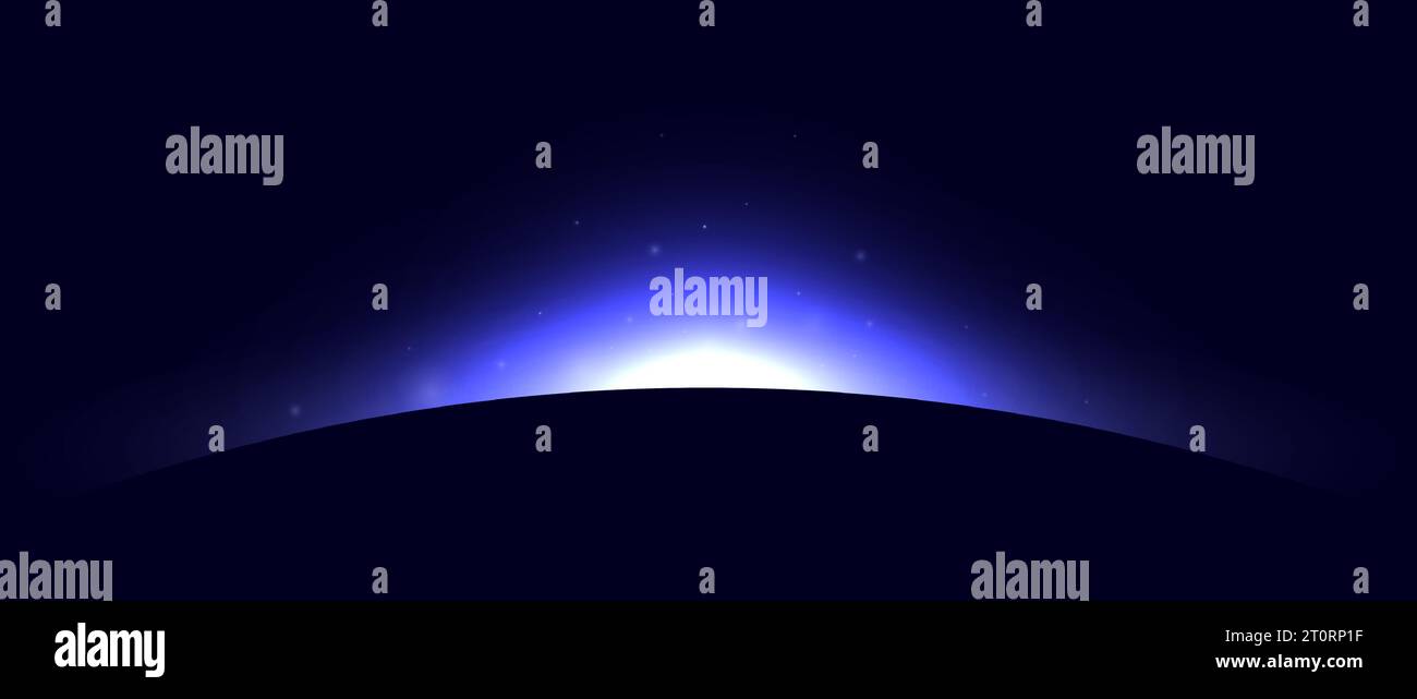 Planetenfinsternis-Konzept. Violetter blauer Sonnenlicht-Blendungseffekt. Abstrakter glühender Sonnenaufgang auf dunklem Hintergrund. Halo-Illustration des Erdhorizonts. Vektordesign für Poster, Banner, Cover, Broschüre, Broschüre Stock Vektor