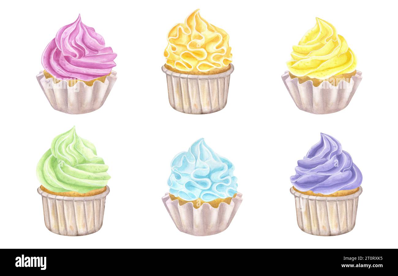 Bannerset bunte Cupcakes Muffins in Regenbogenfarben, süße Schlagsahne. Food Clipart. Handgezeichnete Aquarellillustration isoliert auf weißem Hintergrund Stockfoto