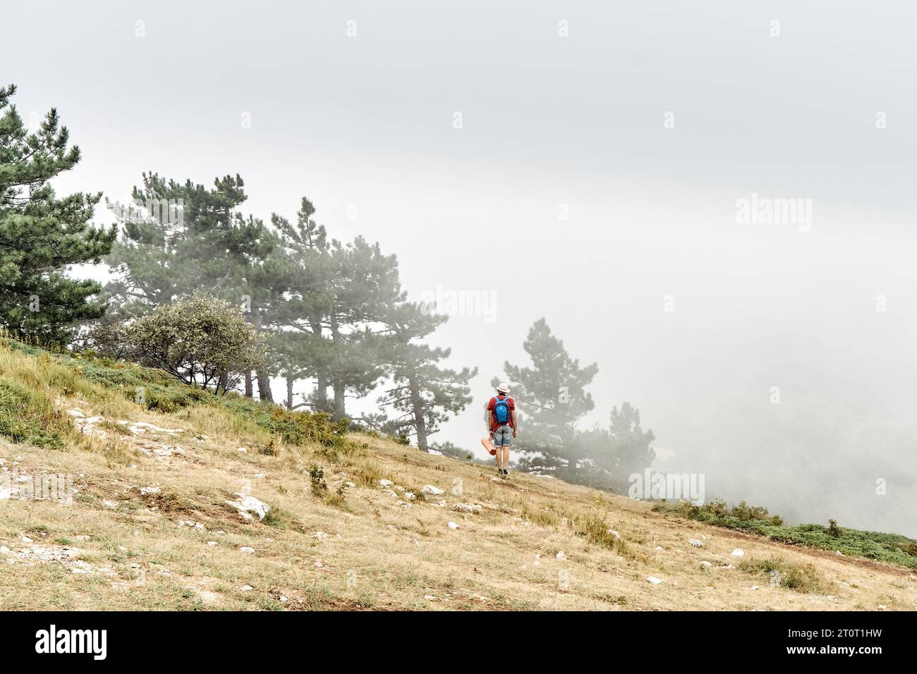Ein einsamer Tourist schaut auf die riesige Nebelwolke, die am Berghang steht. Ein Mann mit Rucksack wandert durch das wilde Hochlandtal. Mutiger Reisender auf einem nebeligen Hügel Stockfoto