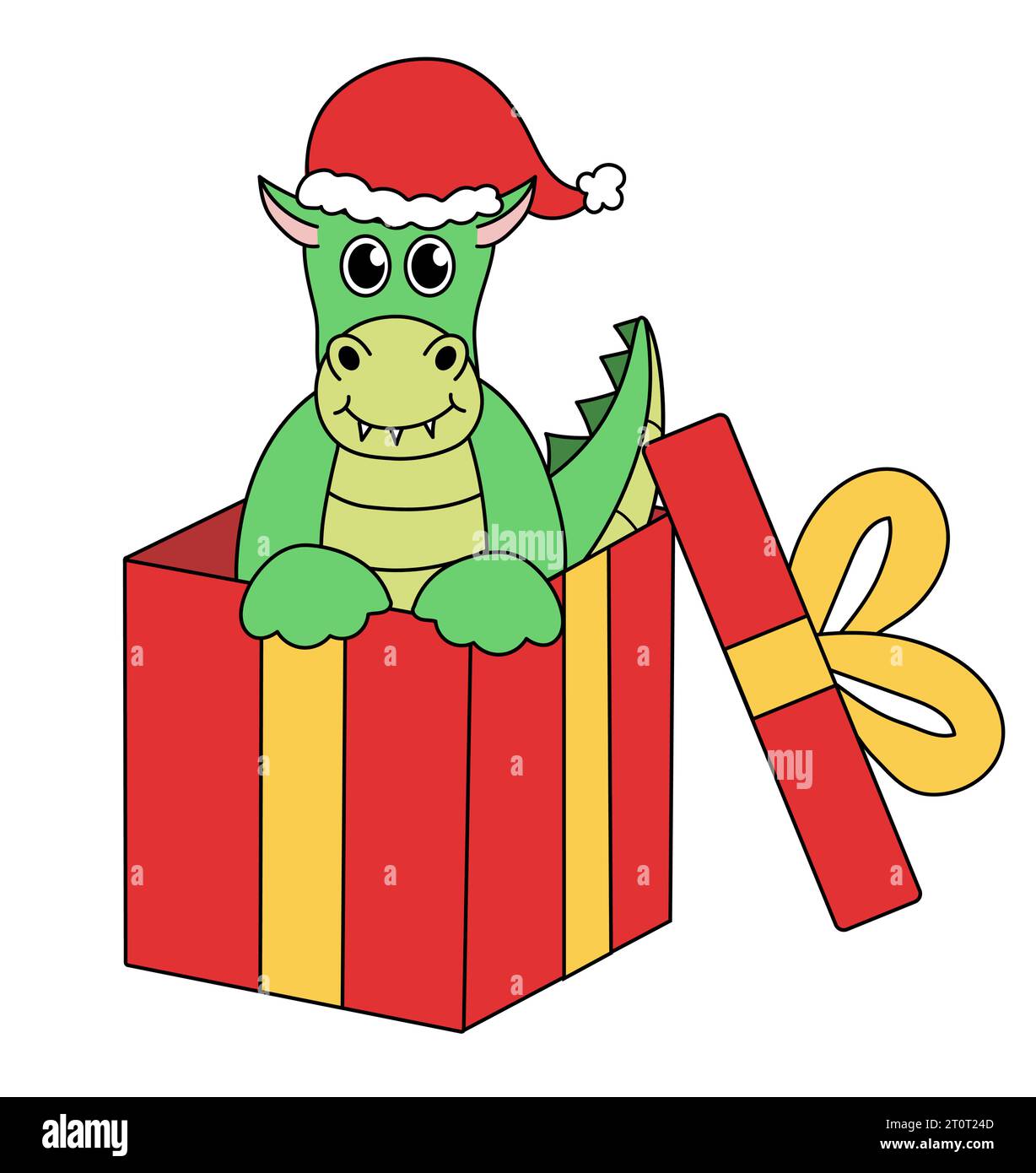 Zeichentrickfilm Weihnachten und Silvester Drachen Figur. Niedlicher Drache in Geschenkbox. Illustration der Vektorabwicklung. Stock Vektor