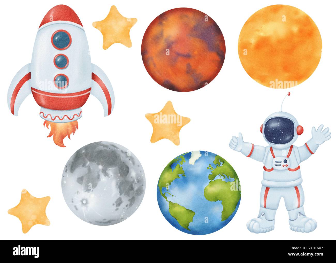 COSMOS-Set. Rakete mit Flamme. Fröhlicher Astronaut. Person in einem Raumanzug. Sterne Erde, Mond, Mars, Sonne. Isolierte Objekte mit Wasserfarbe. Zeichentrickstil Stockfoto